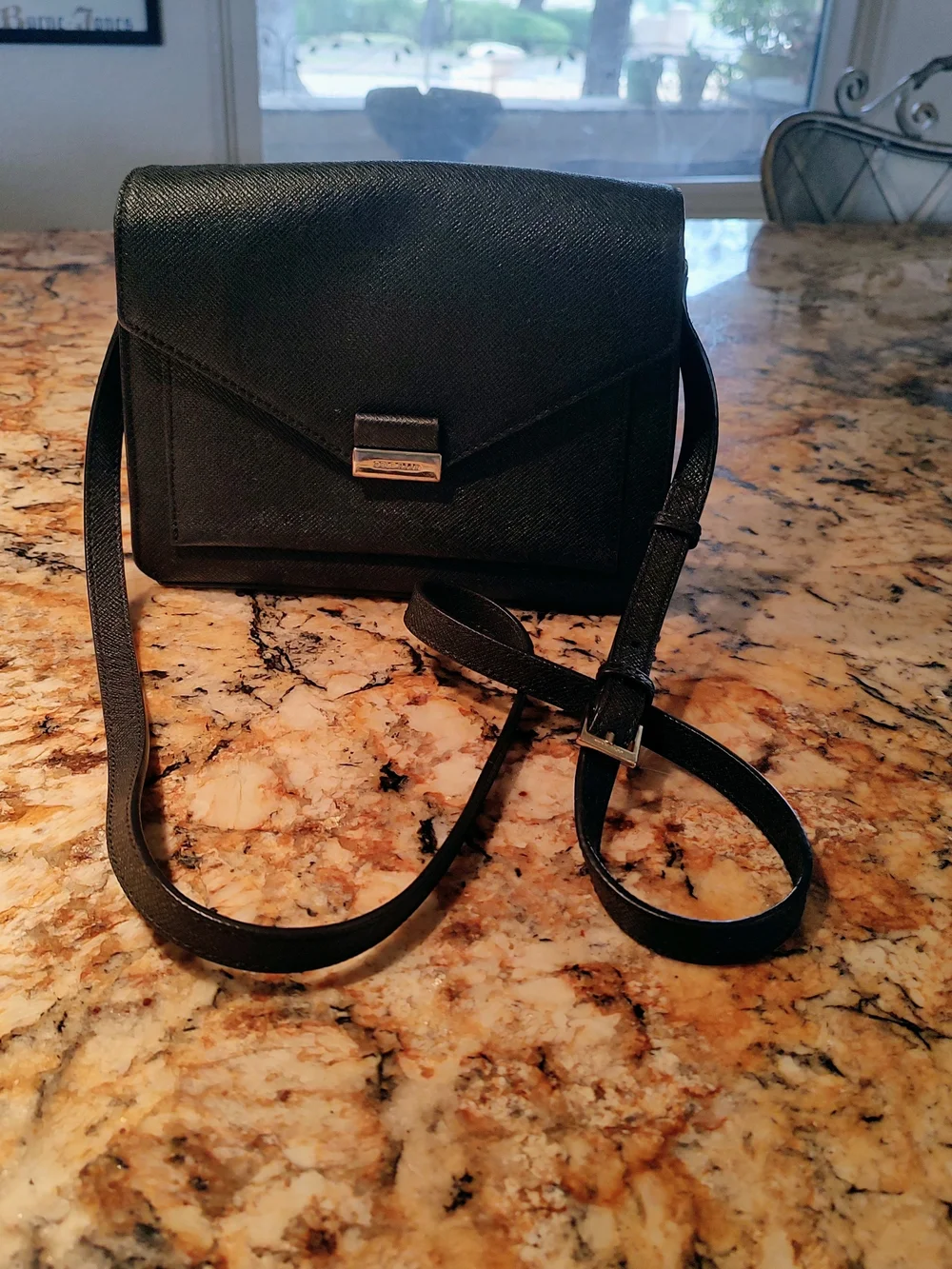 Cole Haan Black Leather Messenger Bag with Silver Hardware